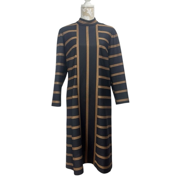 Vintage Dresses & Skirts - Vintage 60s 70s Saucony Size M/L Mod Dress Black Brown Striped High Collar